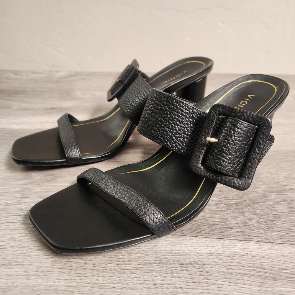 Vionic Brookell Black Sandals Size 11 Block Heel‎ Mules Square Toe Buckle Straps